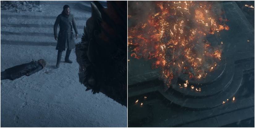 Split image of Jon Snow, dead Daenerys, and Drogon and the destroyed Iron Throne in Game of Thrones.