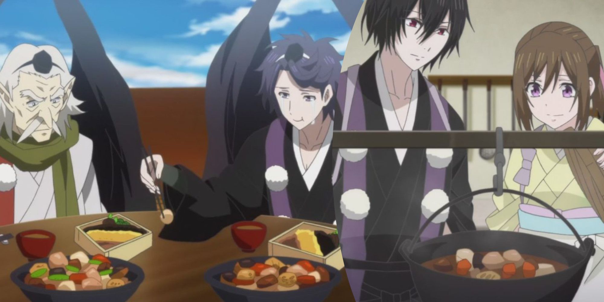 A split image of Kakuriyo: Bed & Breakfast for Spirits characters sharing a meal