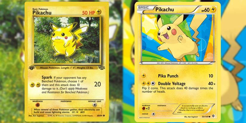 Two Pikachu cards showing how Ken Sugimori's art style has changed over time