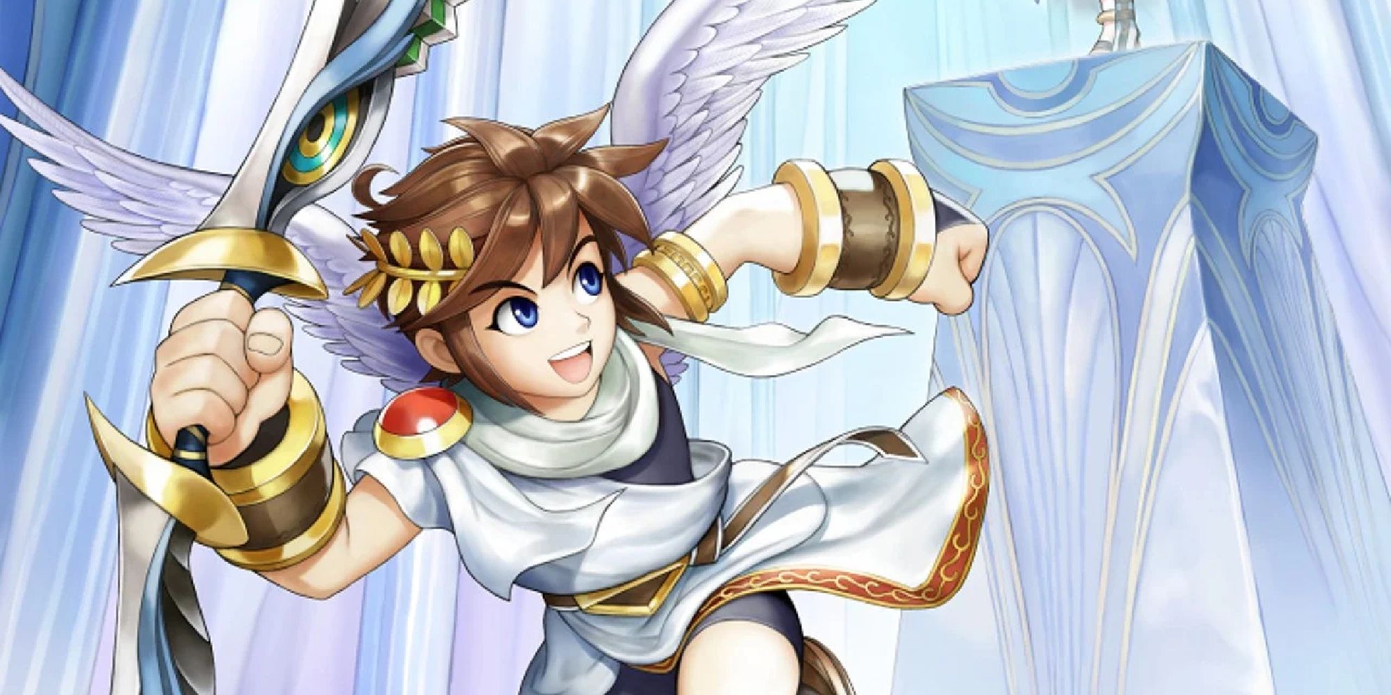 Icarus running with his bow in hand, a smile on his face as he glances back over his shoulder.
