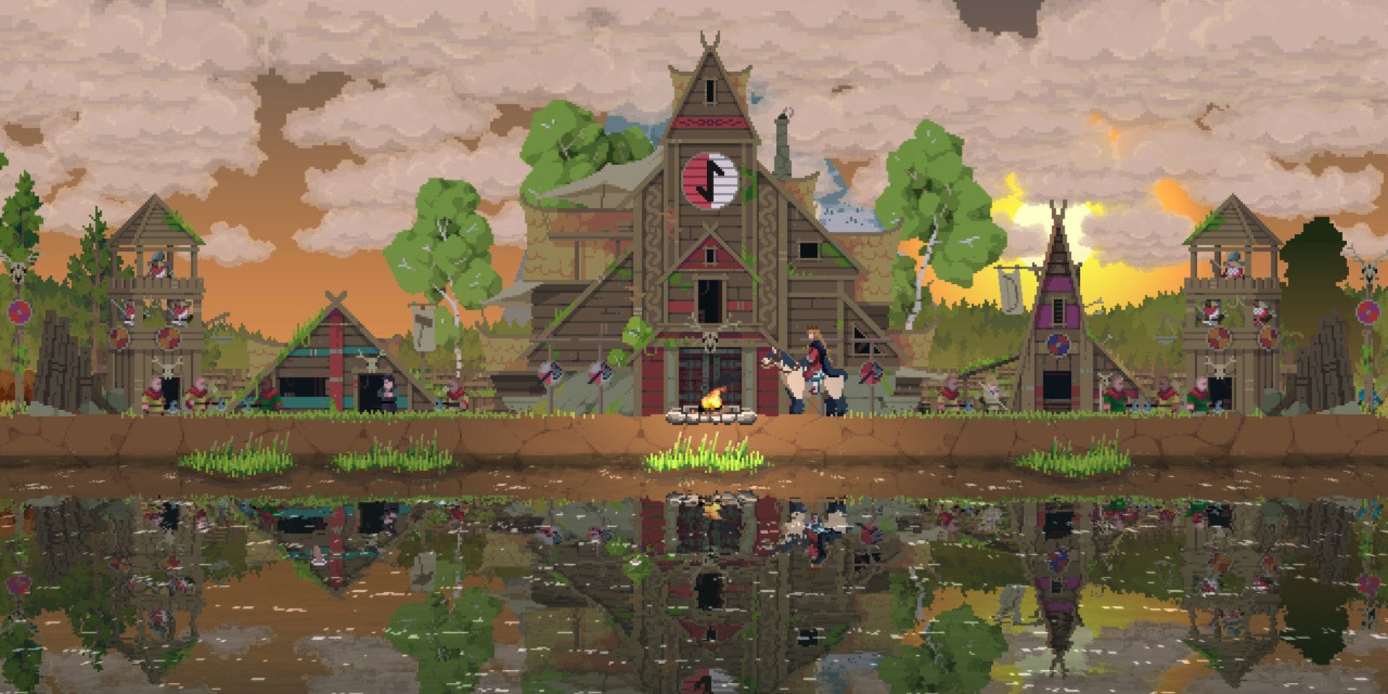 A player on their horse standing front of a building next to a river in Kingdom Two Crowns