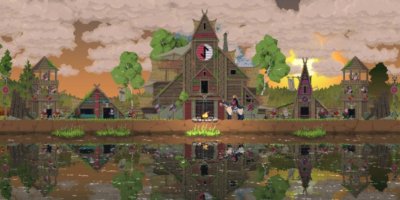 A player on their horse standing front of a building next to a river in Kingdom Two Crowns