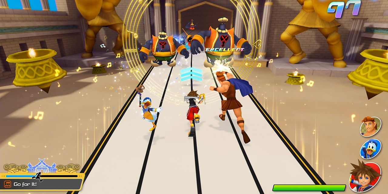 Donald Duck, Sora, and Hercules running toward enemies in Kingdom Hearts: Melody of Memory