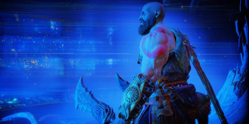 Screenshot of Kratos travelling between realms in God of War Ragnarok