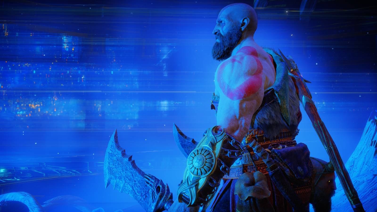 Screenshot of Kratos travelling between realms in God of War Ragnarok