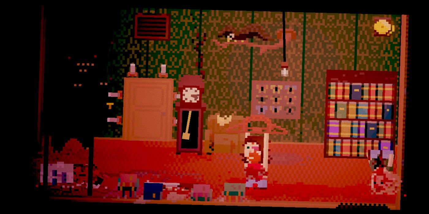 Lakeview Cabin bloody avatar in tilted bedroom with grandfather clock