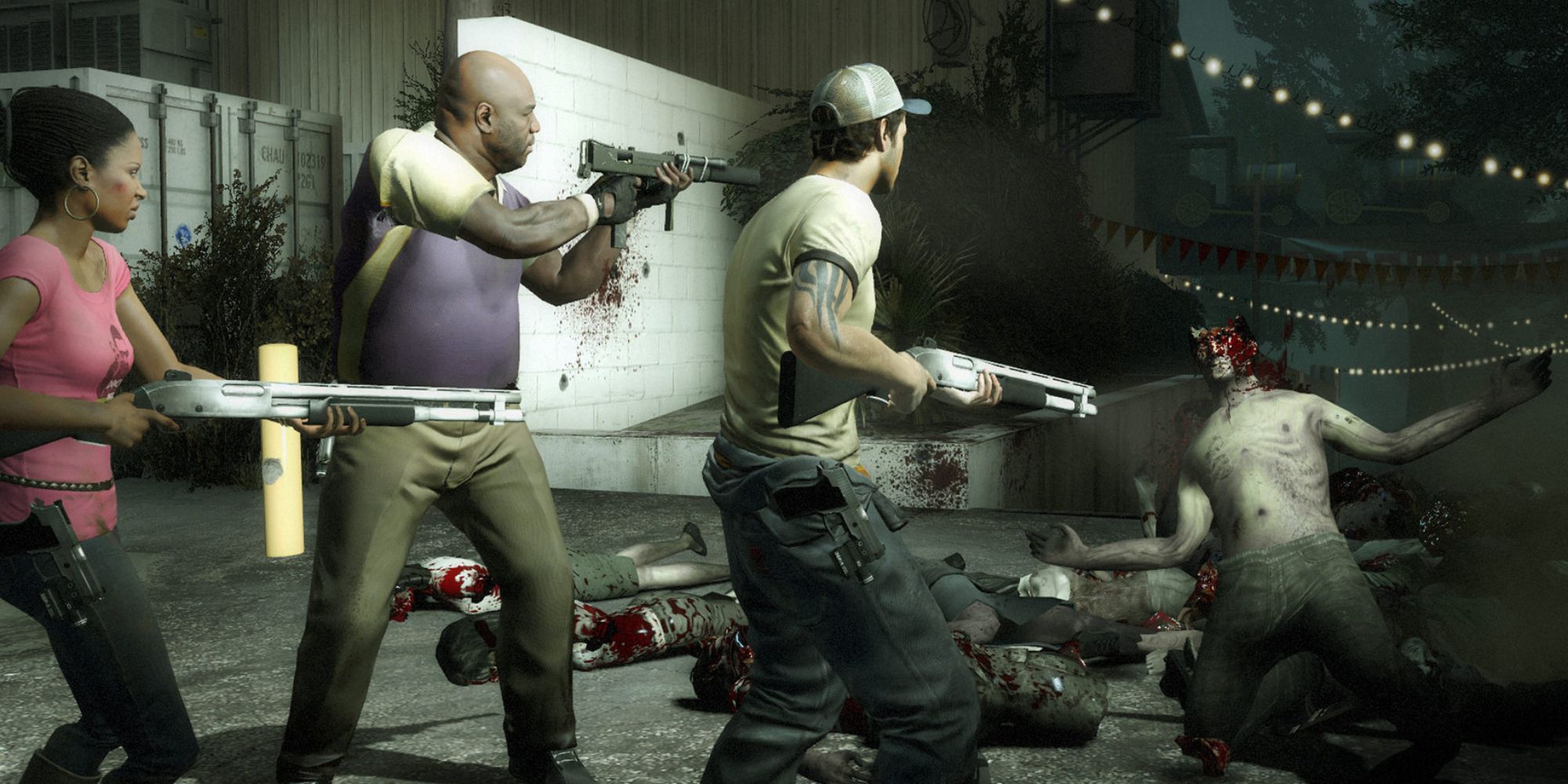 Left 4 Dead 2, the group gunning down a zombie. 