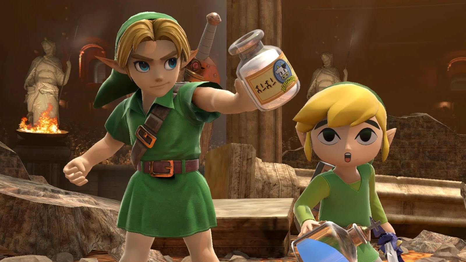 A screen shot of Young Link showing his Lon Lon Milk to Toon Link in Super Smash Bros.