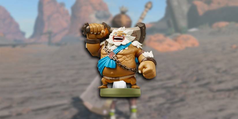 Legend of Zelda Tears of the Kingdom - Image of Champion Daruk Zelda Amiibo Over Image Of Link With Cobble Crusher On Back