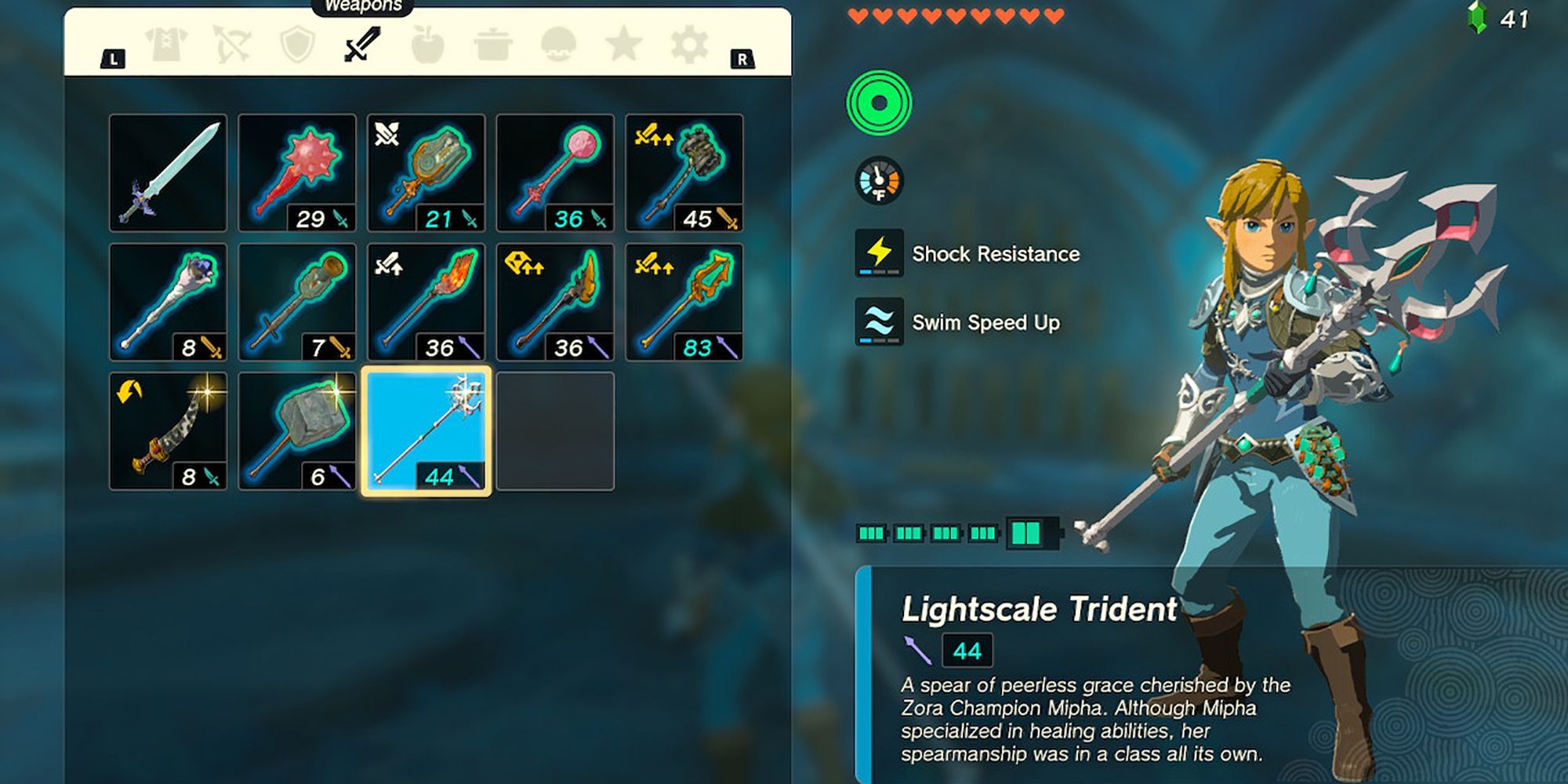 Legend of Zelda Tears of the Kingdom - Lightscale Trident is shown via a link in the menu