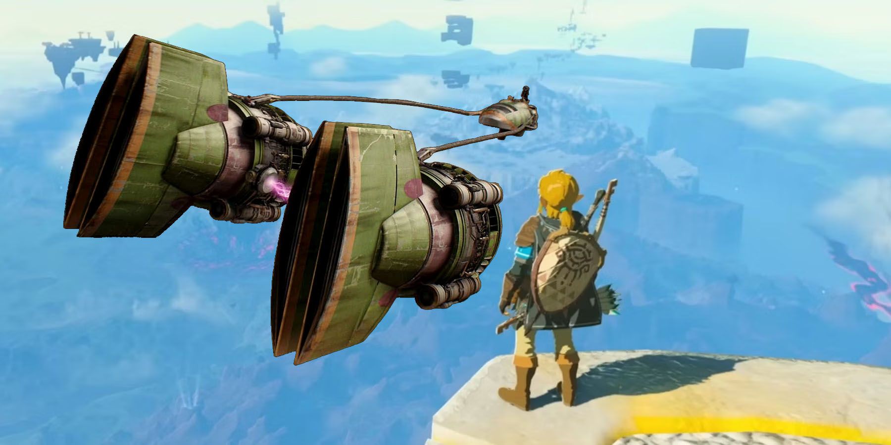 A screenshot of Link looking over a cliff in The Legend of Zelda: Breath of the Wild, with a Podracer from Star Wars inserted.