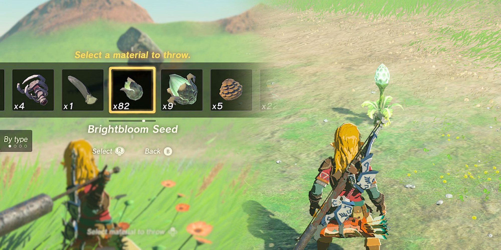 Legend of Zelda Tears of the Kingdom - Selecting And Throwing Brightbloom Seed Material Barehanded