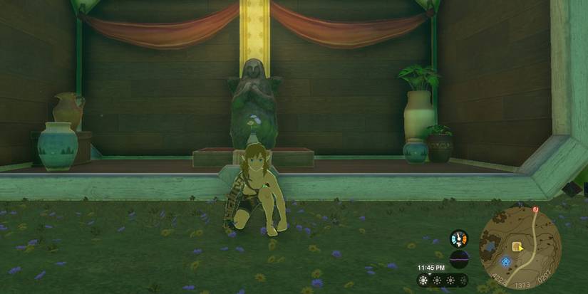 Legend of Zelda Tears of the Kngdom  - Crouching In Front Of A Goddess Statue Room Bought For Link's Home