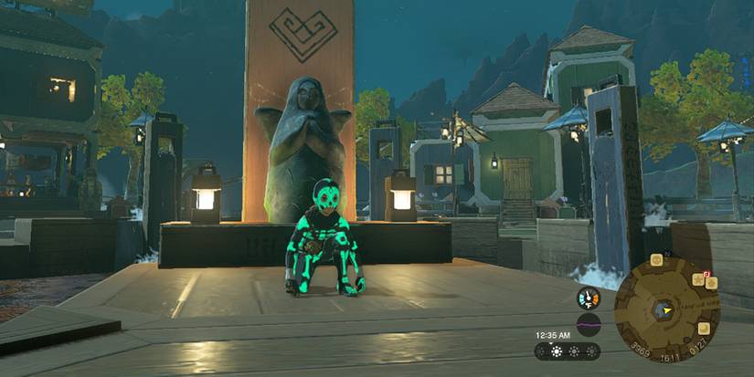 Legend of Zelda Tears of the Kngdom  - Crouching In Front Of The Tarrey Town Goddess Statue