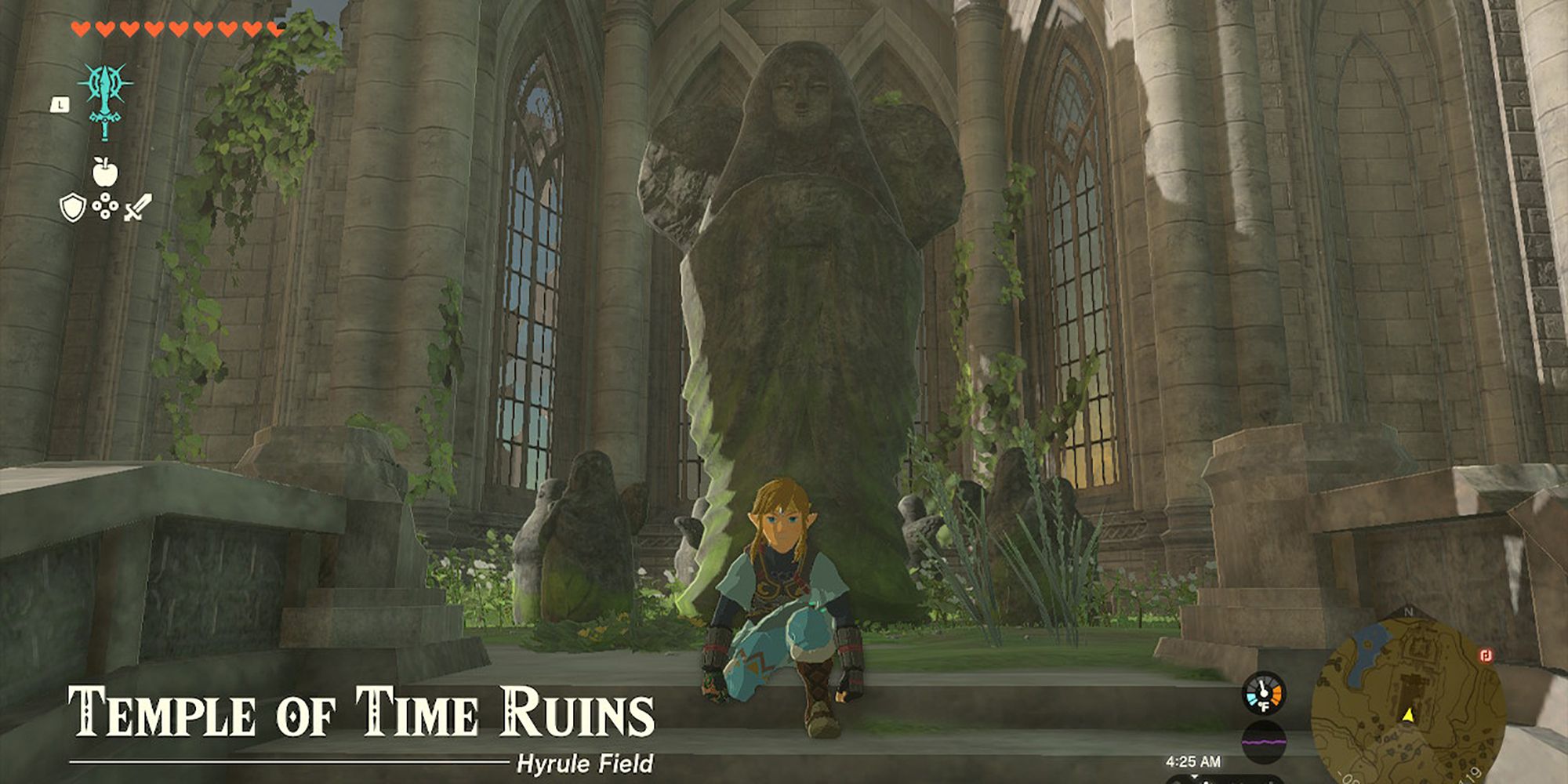 Legend of Zelda Tears of the Kngdom  - Crouching In Front Of The Temple of Time Ruins Goddess Statue