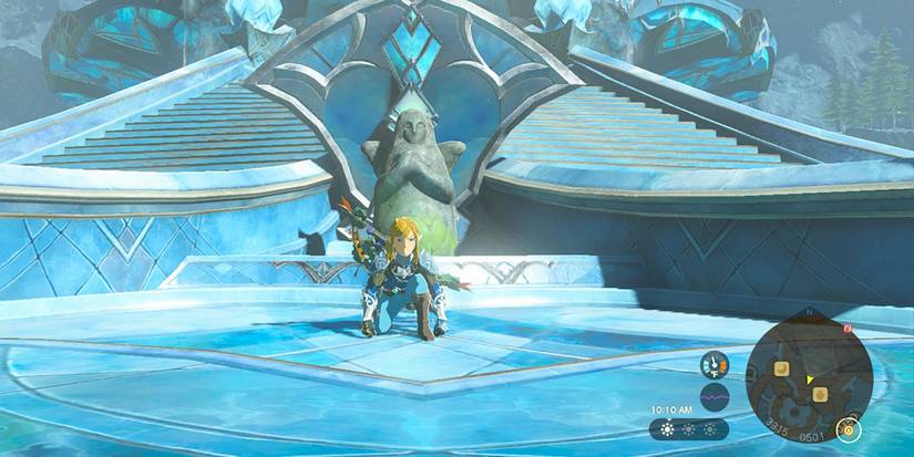 Legend of Zelda Tears of the Kngdom  - Crouching In Front Of The Zoras Domain Goddess Statue