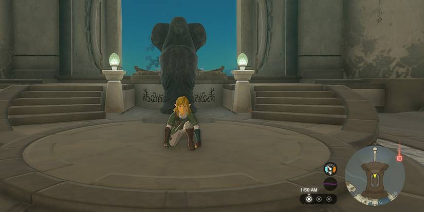 Legend of Zelda Tears of the Kngdom  - Crouching Infront Of Sky Island Temple Of Time Goddess Statue