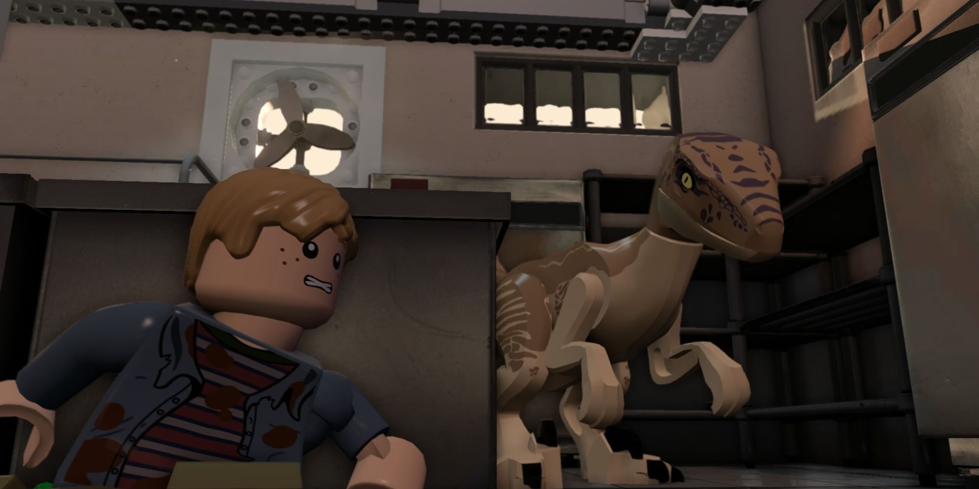 A Lego figure behind a counter hiding from a raptor in Lego Jurassic World