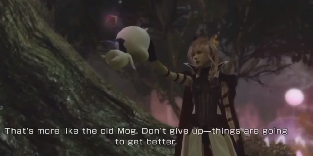 Lightning holding back an annoyed Mog in the Moogle Village in Lightning Returns Final Fantasy 13