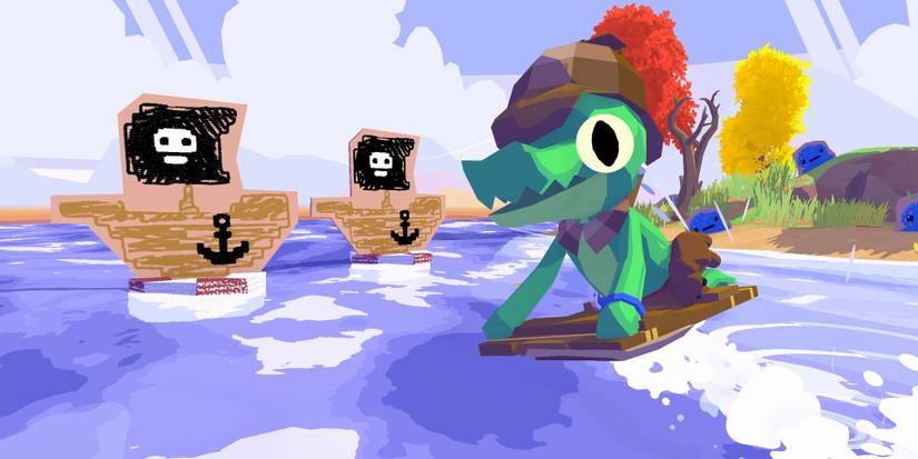 Lil Gator using their shield to skip across the water in Lil Gator Game