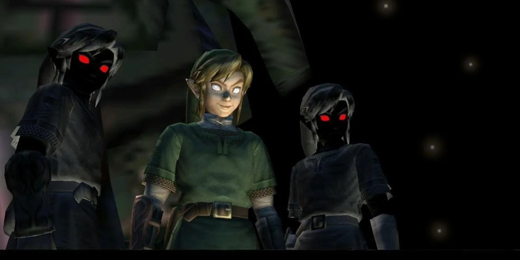 An evil Link surrounded by Dark Links in Twilight Princess