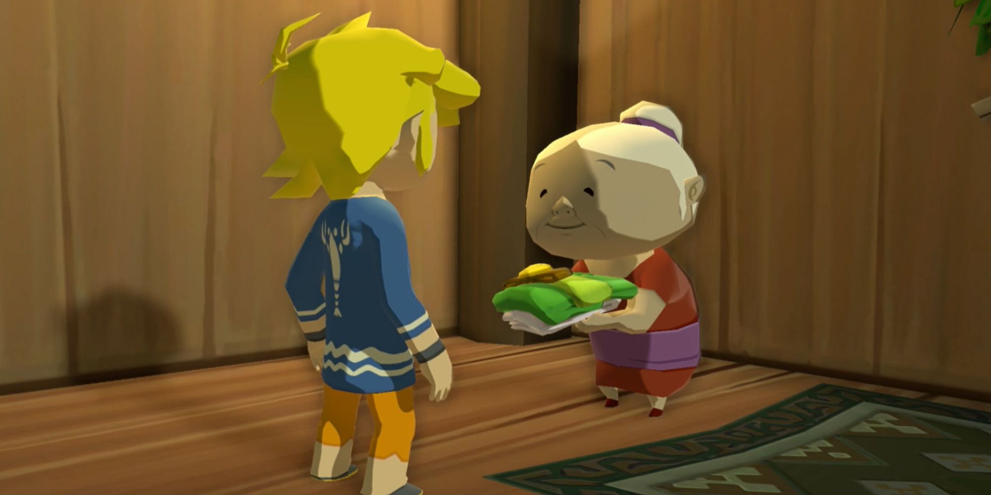 Link's grandmother giving him his green outfit in The Wind Waker