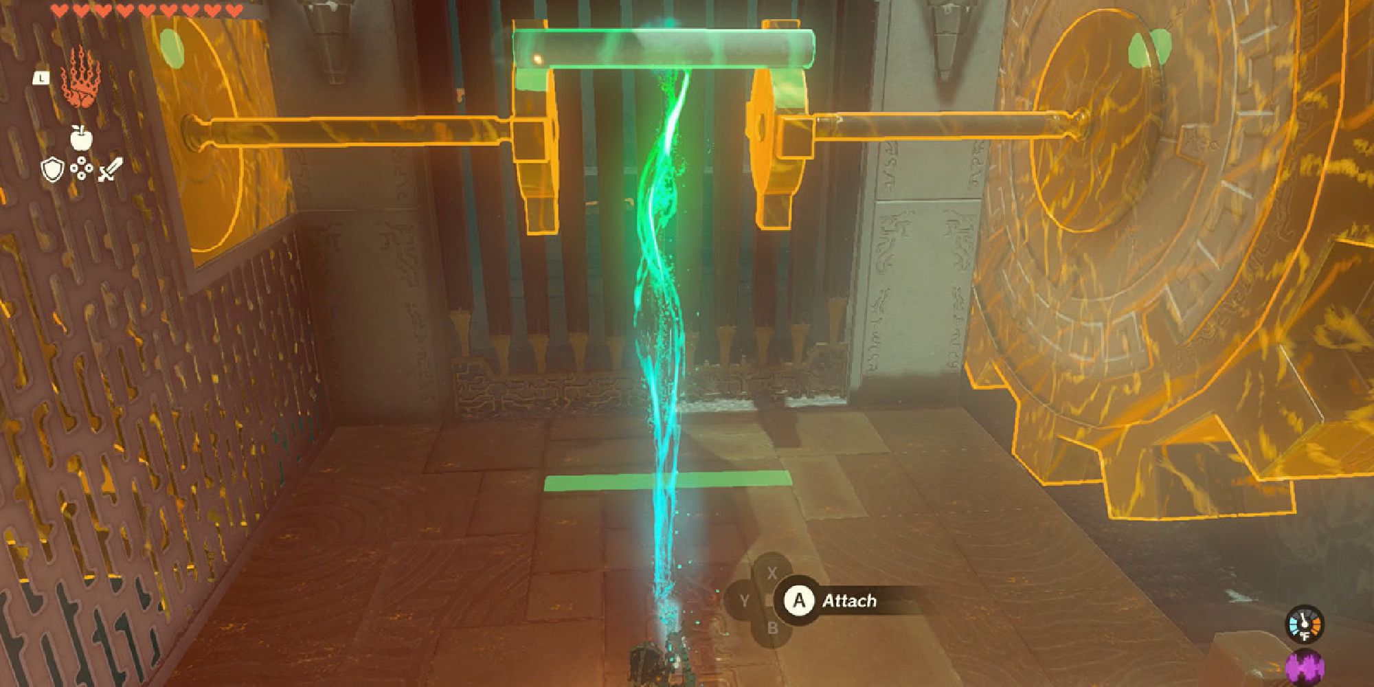 Wide shot of Link in the Riogok shrine, solving a puzzle involving gears. 