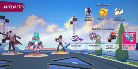 The pre-game lobby of Omega Strikers that shows the Forward Gear available for selection. The Magnetized Soles are highlighted