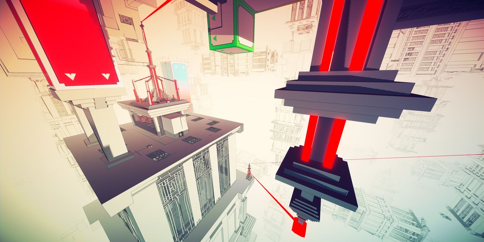 A red tower firing a laser in different directions in Manifold Garden