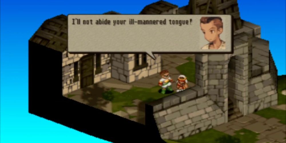 Marach confronting his sister Rapha about Duke Barrington in Final Fantasy Tactics