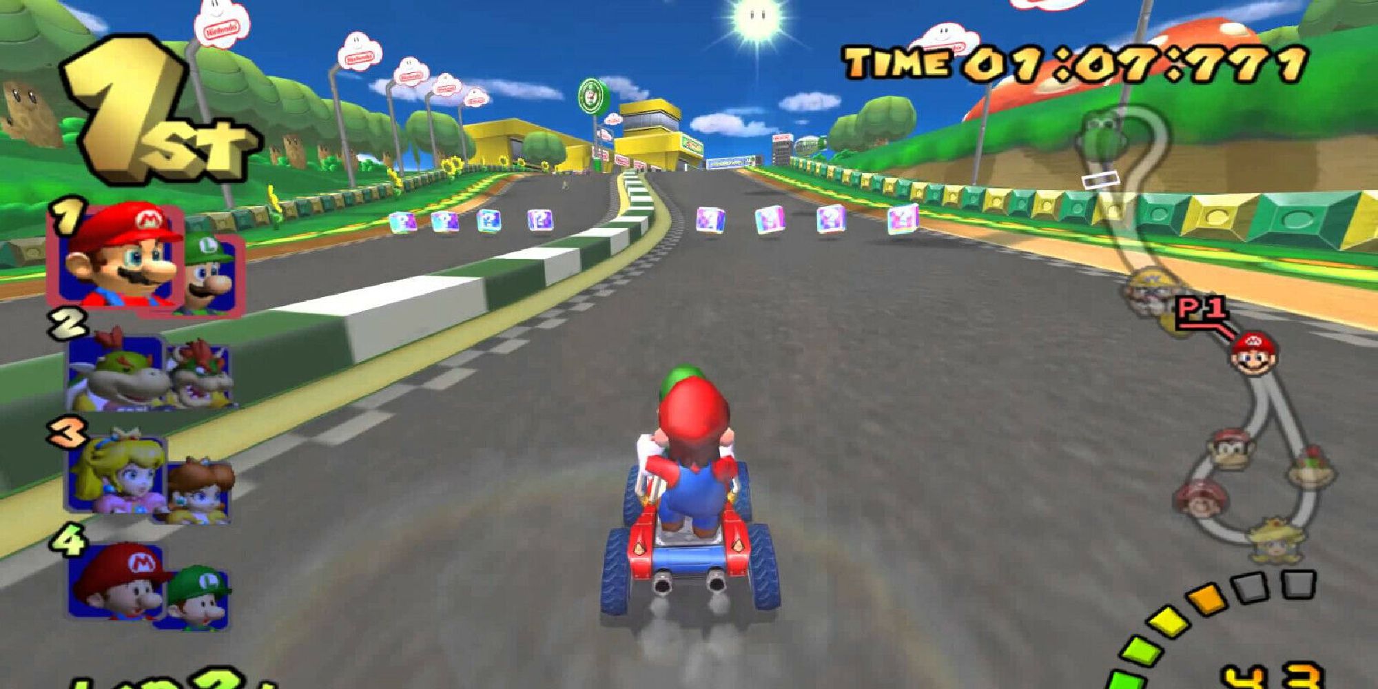 Mario and Luigi double-teaming on one kart, in first place of the race. 