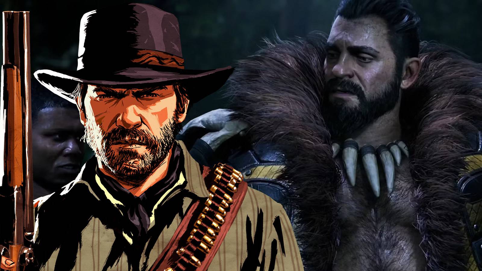 A screenshot of Kraven the Hunter in Marvel's Spider-Man 2, with Red Dead Redemption 2's Arthur Morgan imposed overtop.