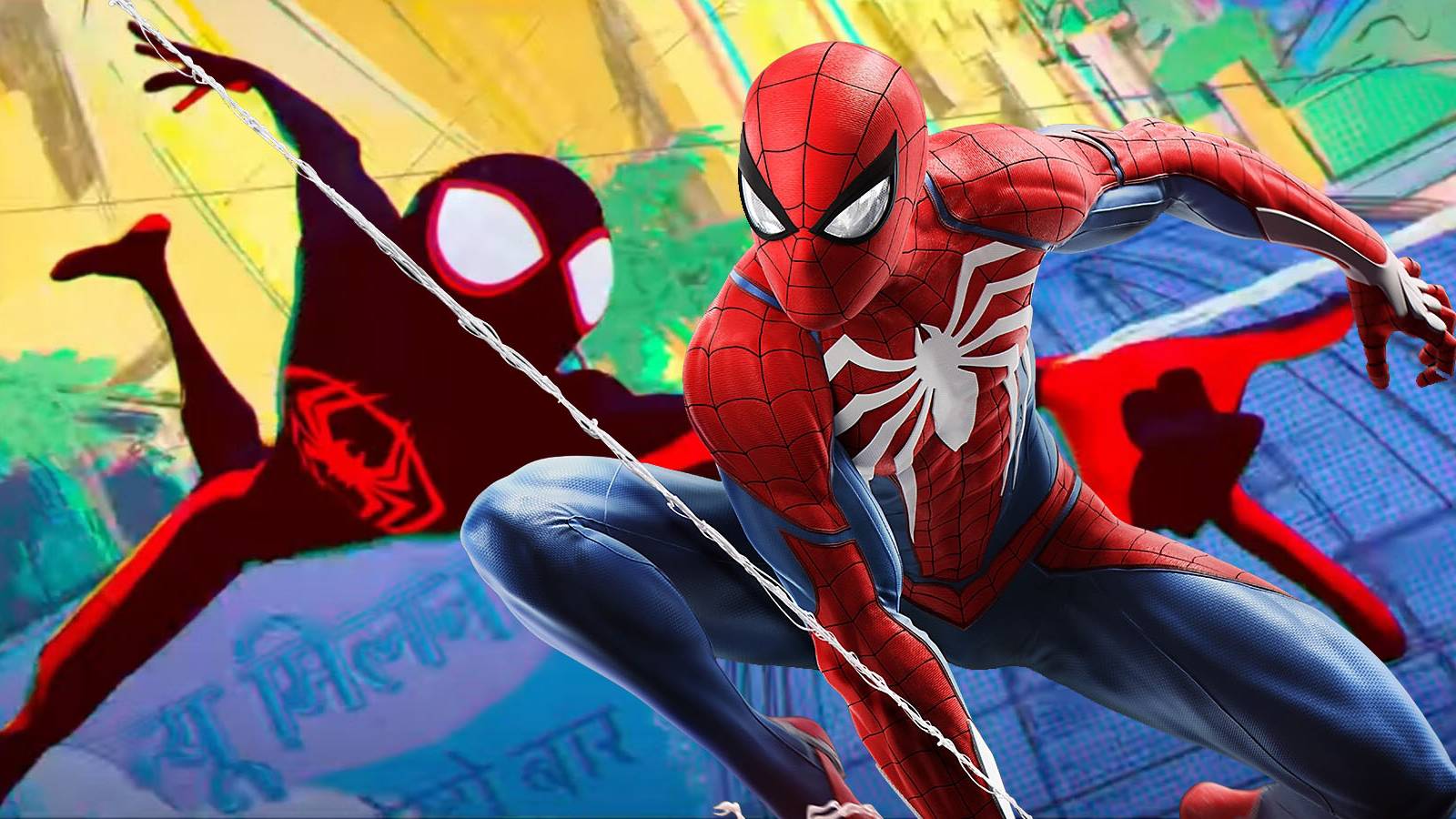 A screenshot of Miles Morales from Spider-Man: Across The Spider-Verse, with the Marvel's Spider-Man version of Peter Paker inserted.