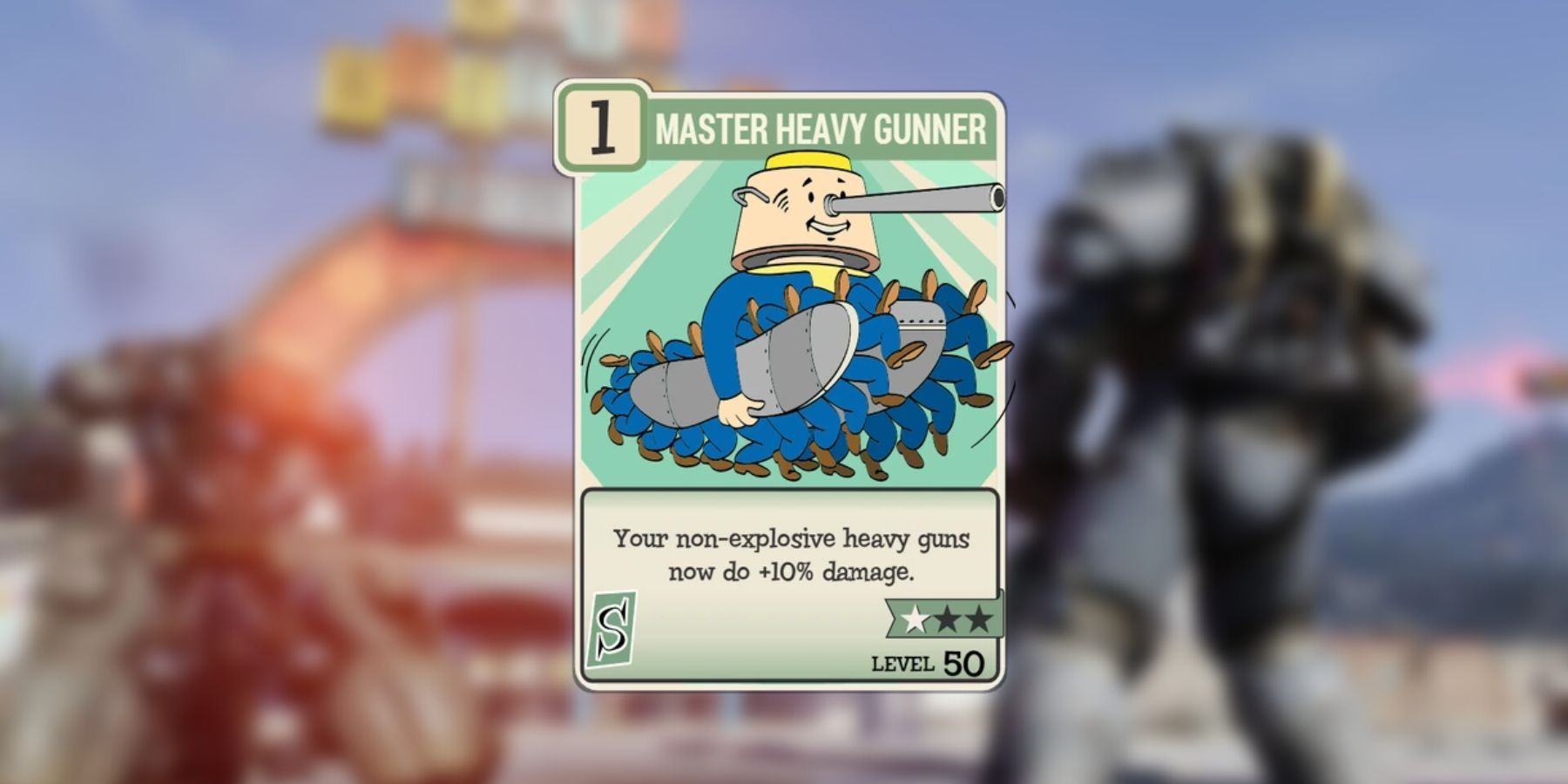 Das Bild zeigt die Perk-Karte „Master Heavy Gunner“ für Powerrüstungen.