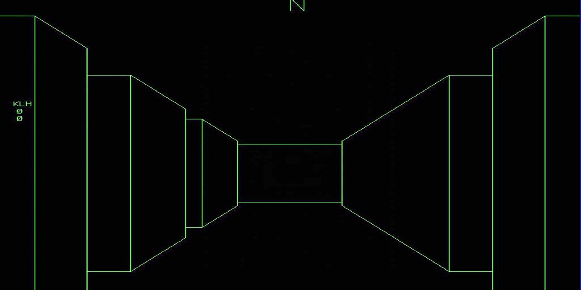 Gameplay of the very old Maze War--a black screen with a maze depicted only by green outlines. 
