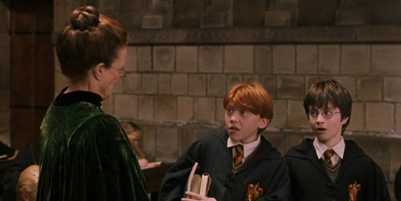 Minerva McGonagall scolds Ron Weasley and Harry Potter in Harry Potter and the Sorcerer's Stone.