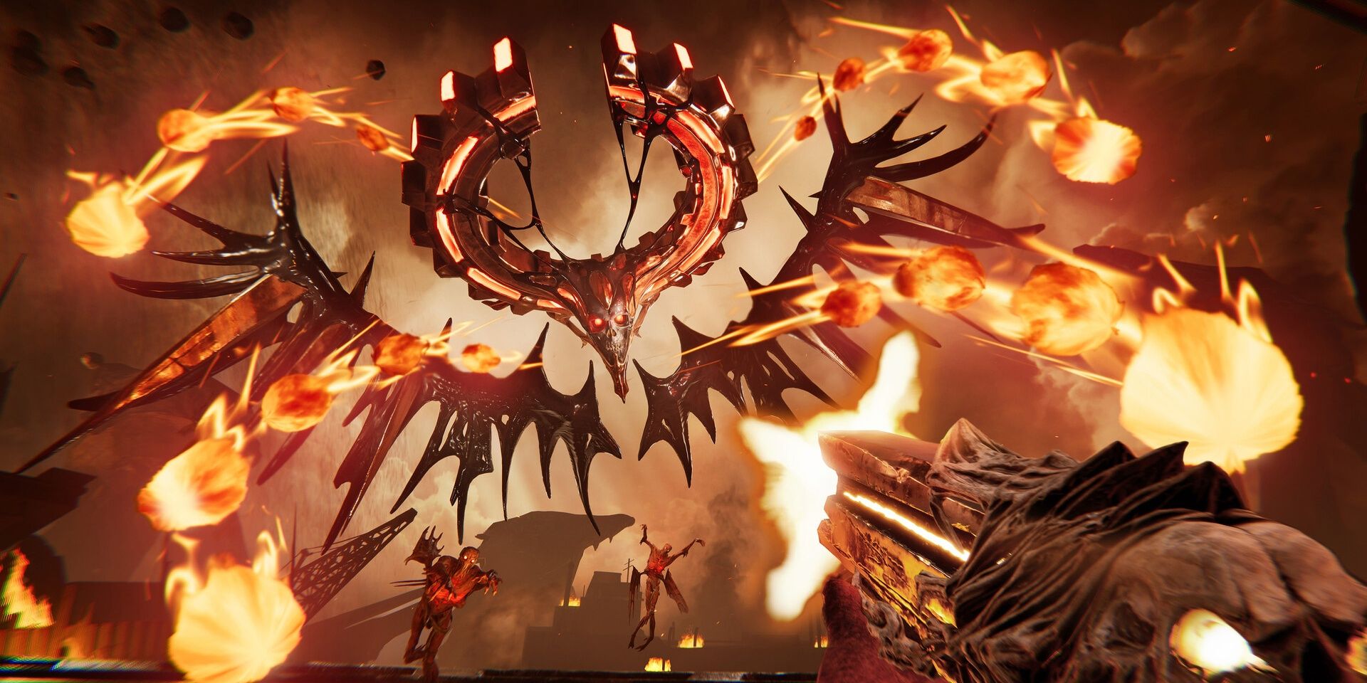 Shooting at a giant demon with large horns and wings in Metal: Hellsinger