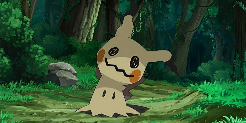 Jessie's Mimikyu standing in a dark forest in Pokemon