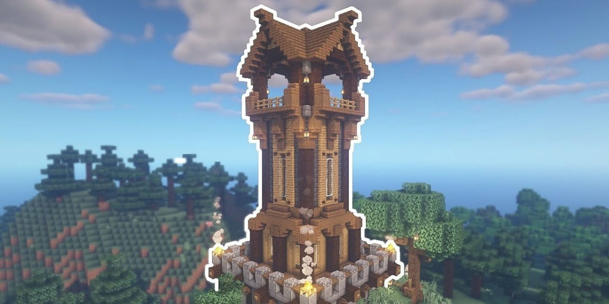 A watchtower build in Minecraft made out of wood and stone in a grass biome