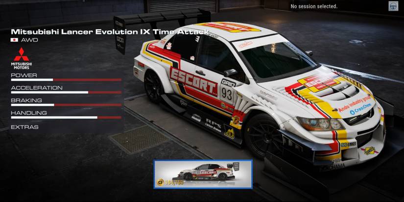 The Mitsubishi Lancer Evolution IX Time Attack in the garage of Grid Legends