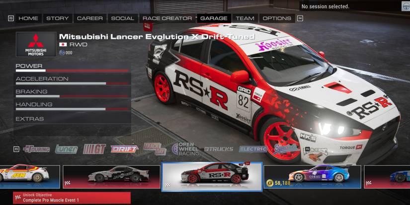 The Mitsubishi Lancer Evolution X Drift Tuned from the Drift car class in Grid Legends