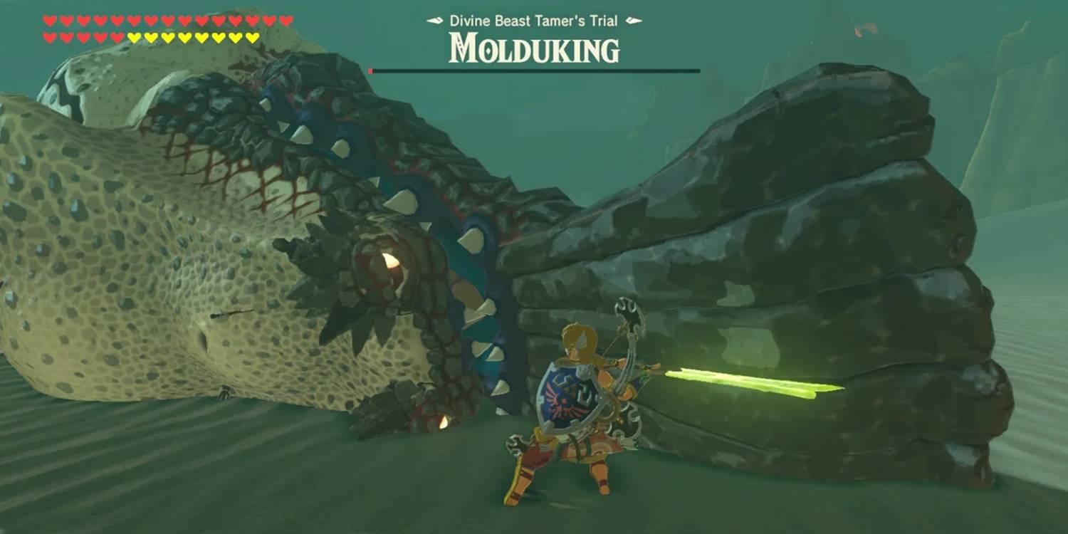 Link defeating a Molduking in Breath of the Wild