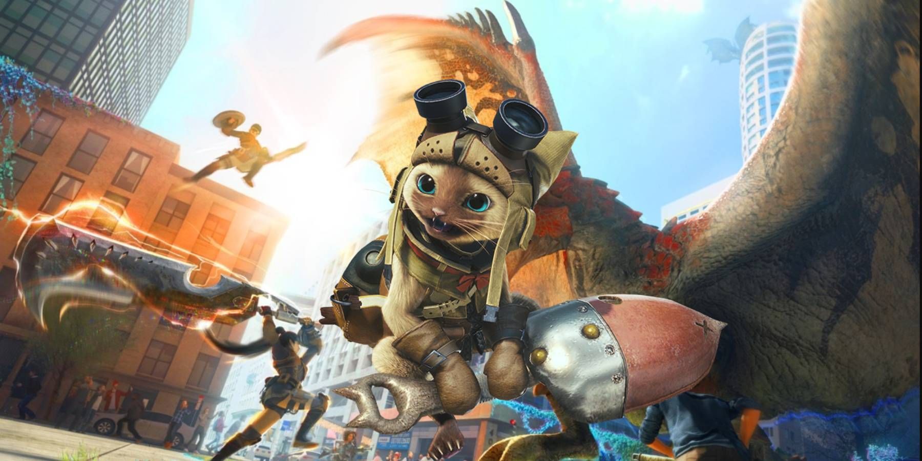 A Palico in front of promotional art for Monster Hunter Now