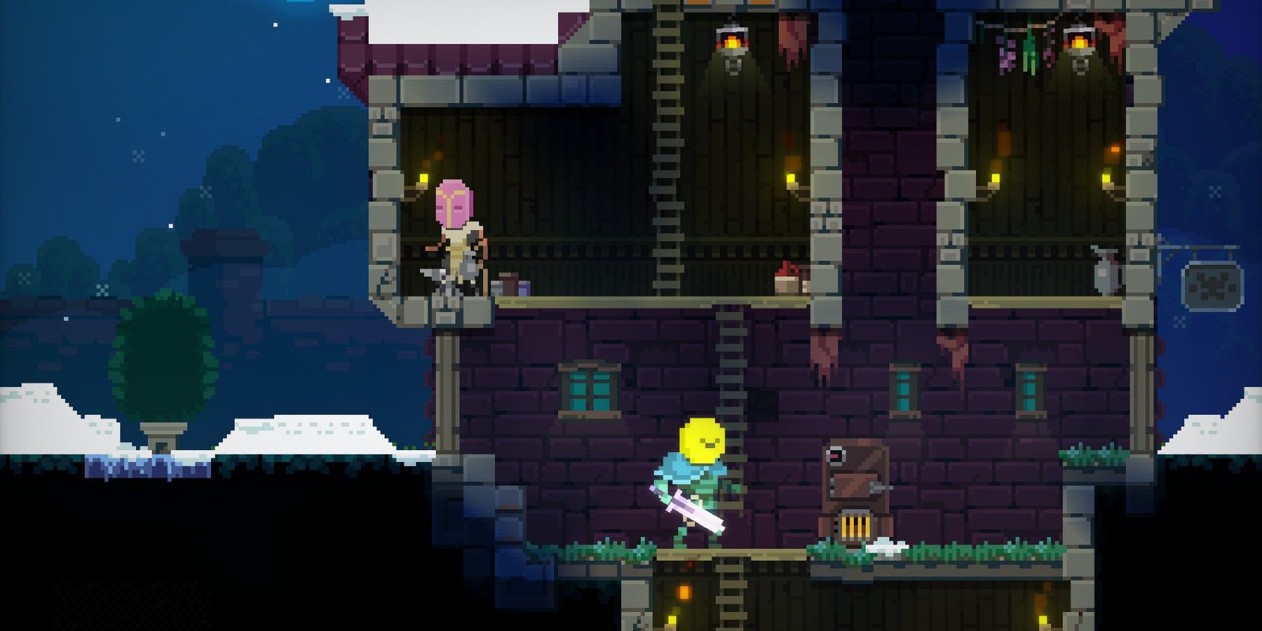 Moonquest gameplay small fortress interior on wintery night