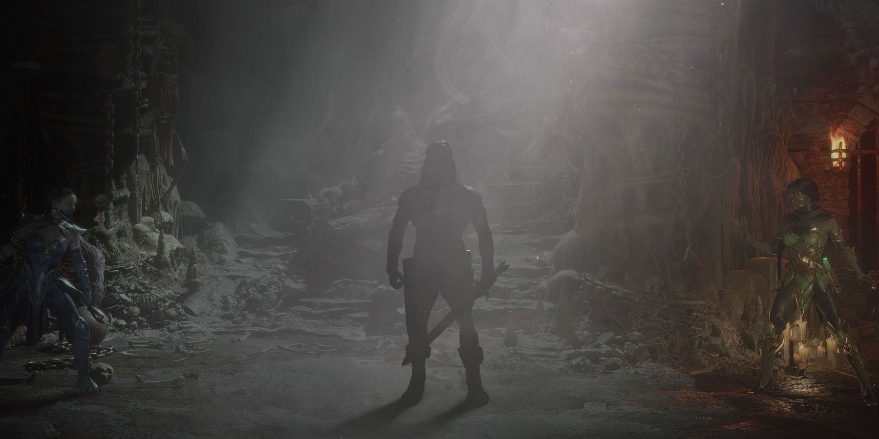 A screenshot of Conan The Barbarian covered in shadow in what could be Mortal Kombat 1.