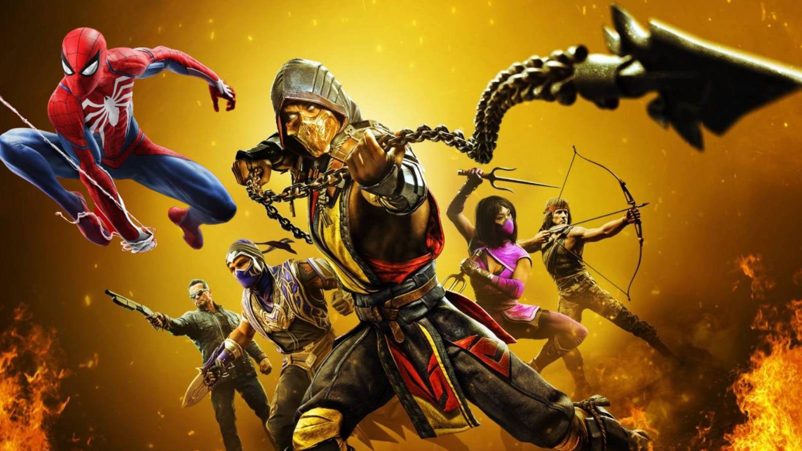 Spider-Man swinging past several fighters from Mortal Kombat 11