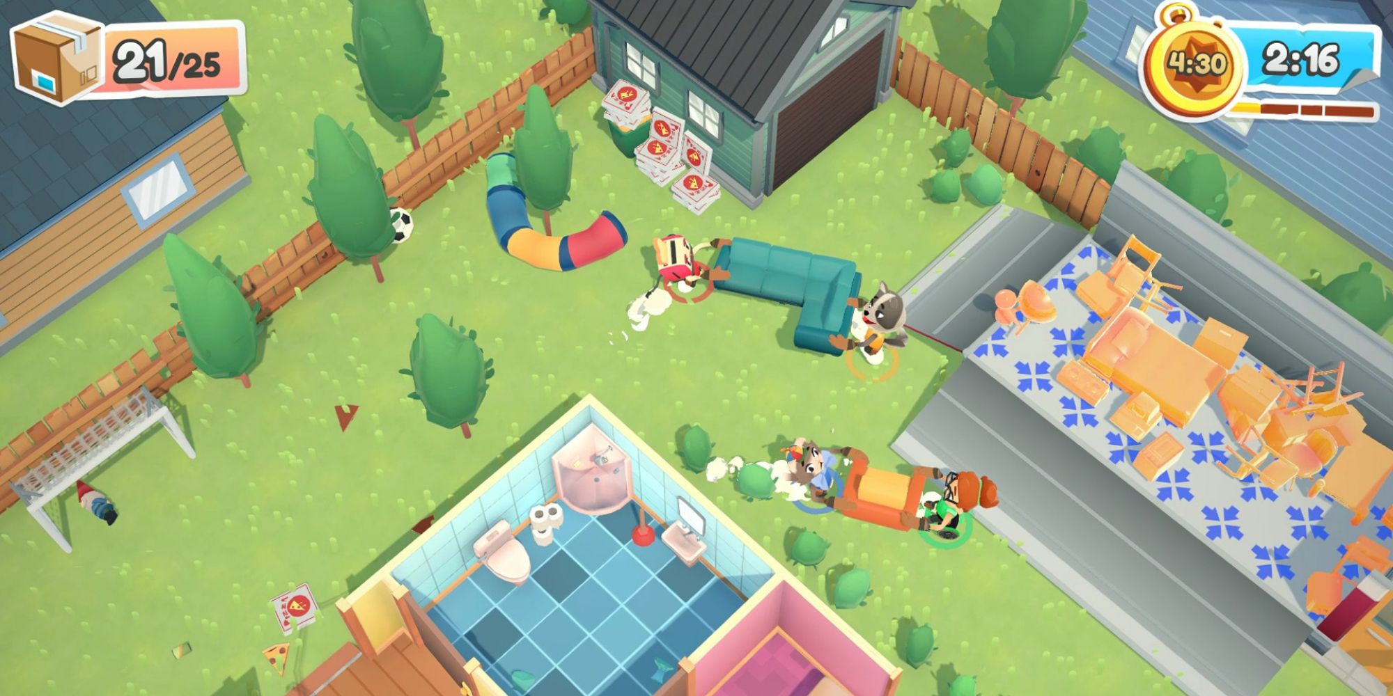 Gameplay from Moving Out showing players attempting to move furniture past obstacles.