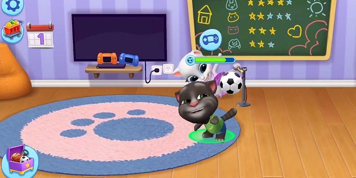 My Talking Tom game cat in family room with game console and rug