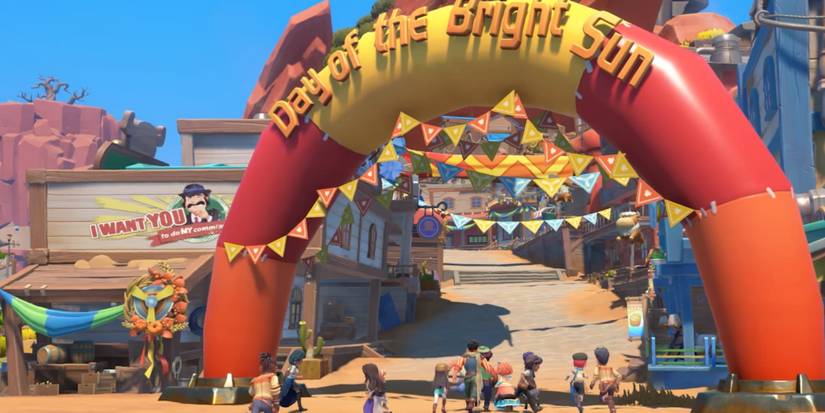 The player attends a town festival in My Time at Sandrock with NPCs