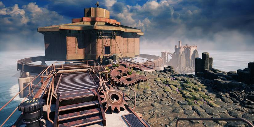A building suspended in the air with rusty gears sitting near by in Myst